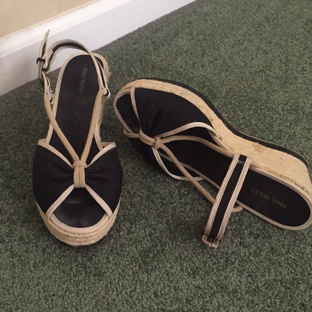 Nine West Black & Tan Jute Wrapped Wedge Sandal